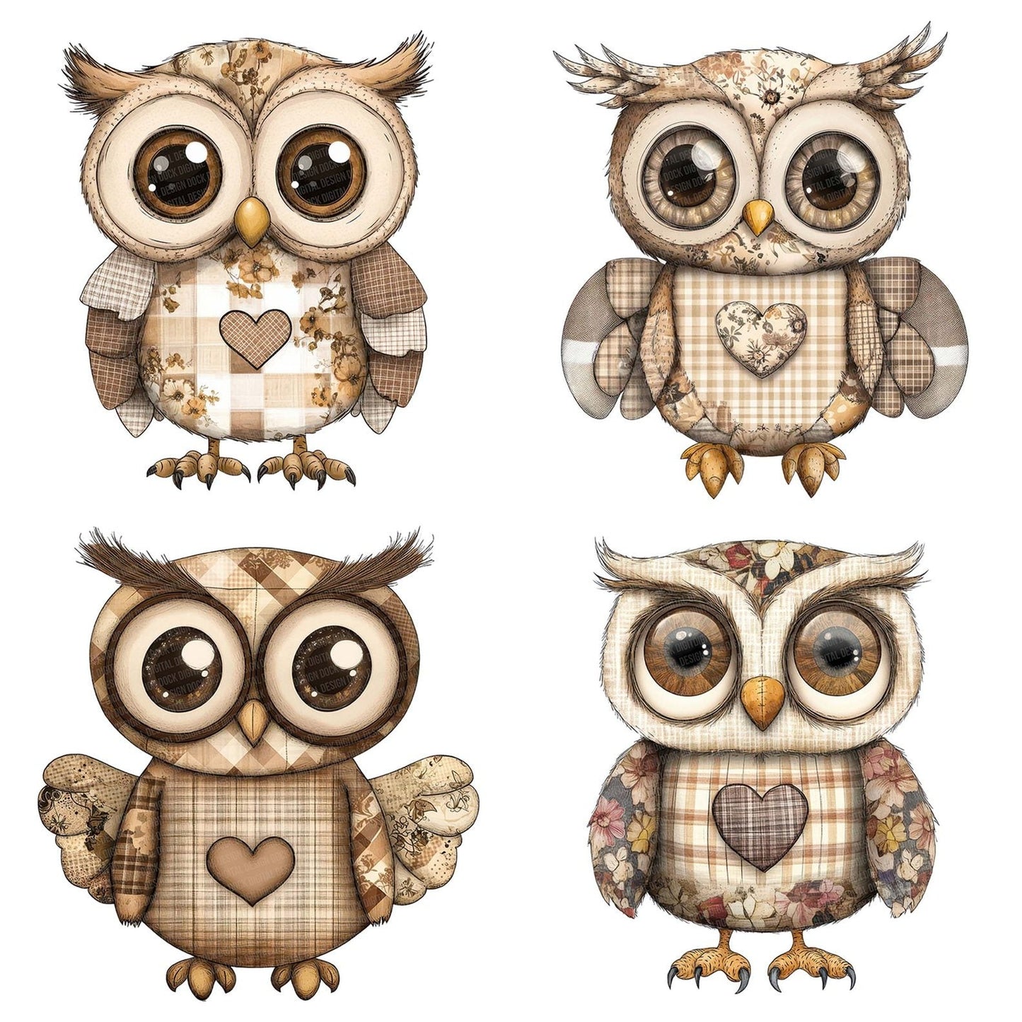 Fabric Patchwork Owl Gingham Wings Clipart Set (DDD005248)