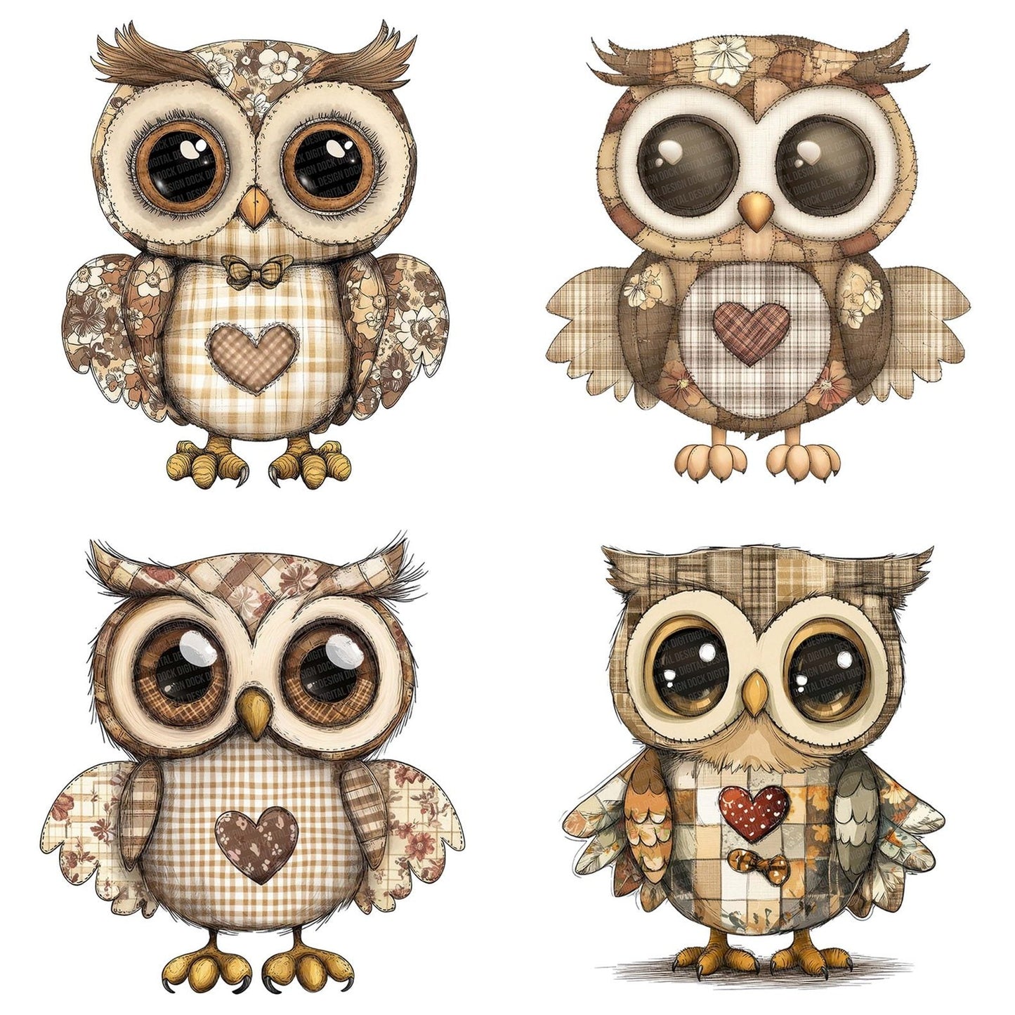 Fabric Patchwork Owl Gingham Wings Clipart Set (DDD005248)