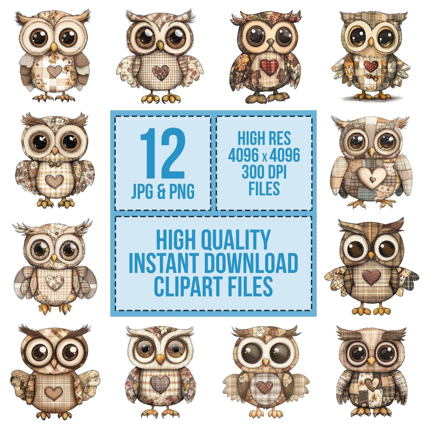 Fabric Patchwork Owl Gingham Wings Clipart Set (DDD005248)