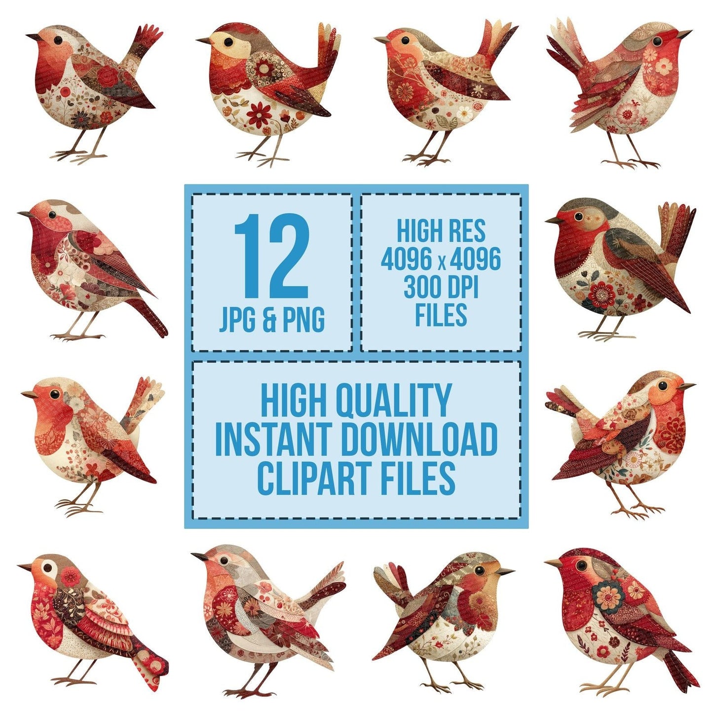 Fabric Patchwork Robin Clipart Set (DDD005253)
