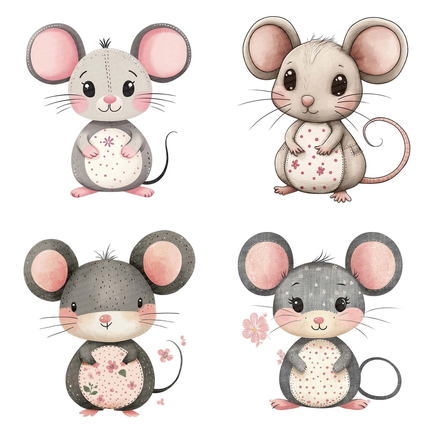 Fabric Pink Eared Patch Mouse Clipart Set (DDD005256)
