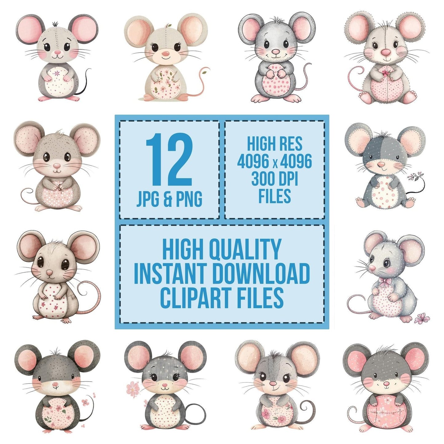 Fabric Pink Eared Patch Mouse Clipart Set (DDD005256)
