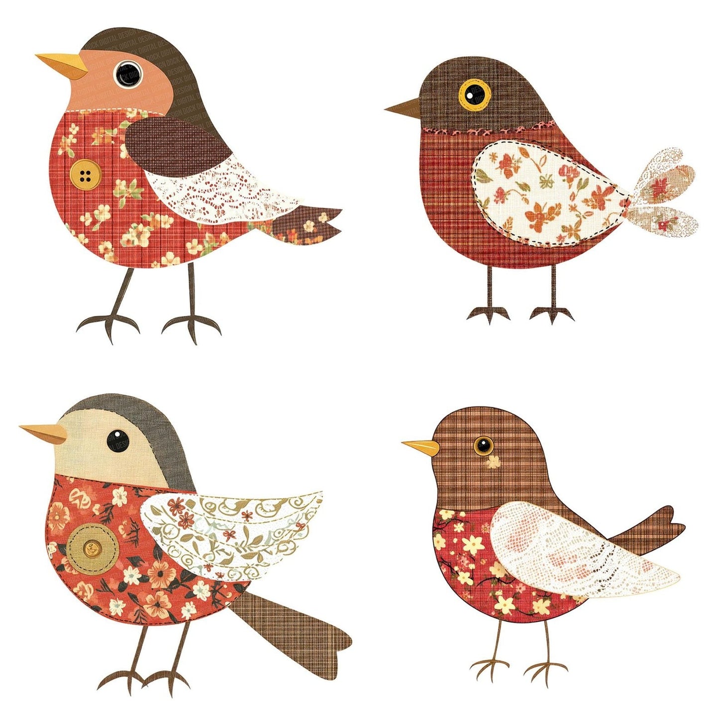 Fabric Robin with Lace Wing Clipart Set (DDD005262)