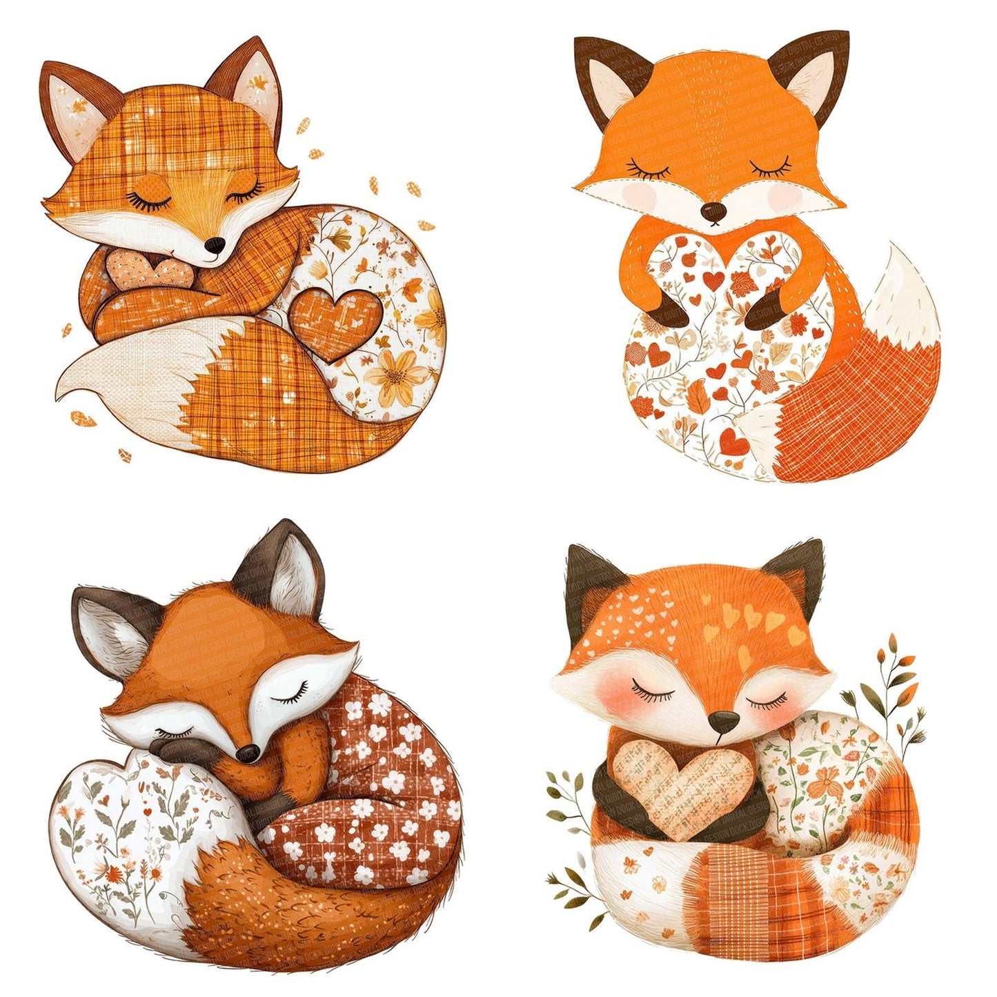 Fabric Sleeping Fox Patchwork Clipart Set (DDD005267)