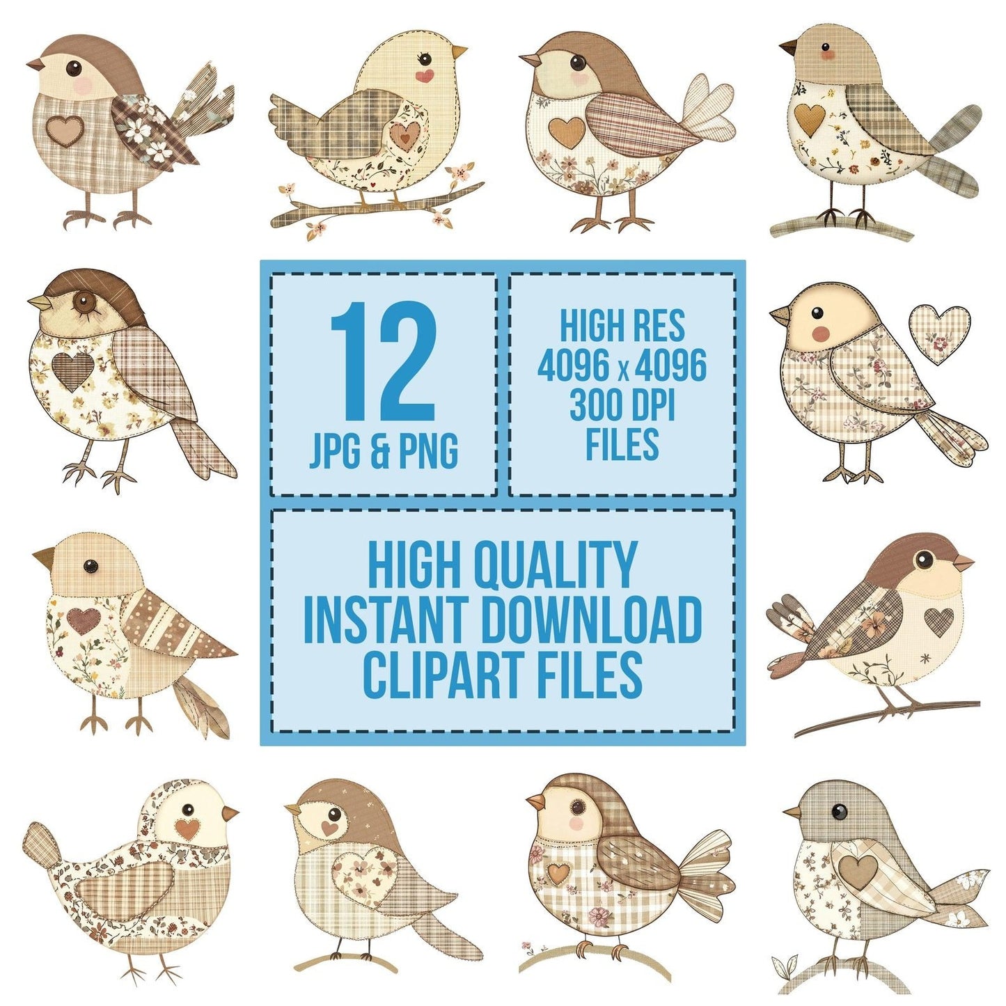 Fabric Sparrow with Heart Button Clipart Set (DDD005272)