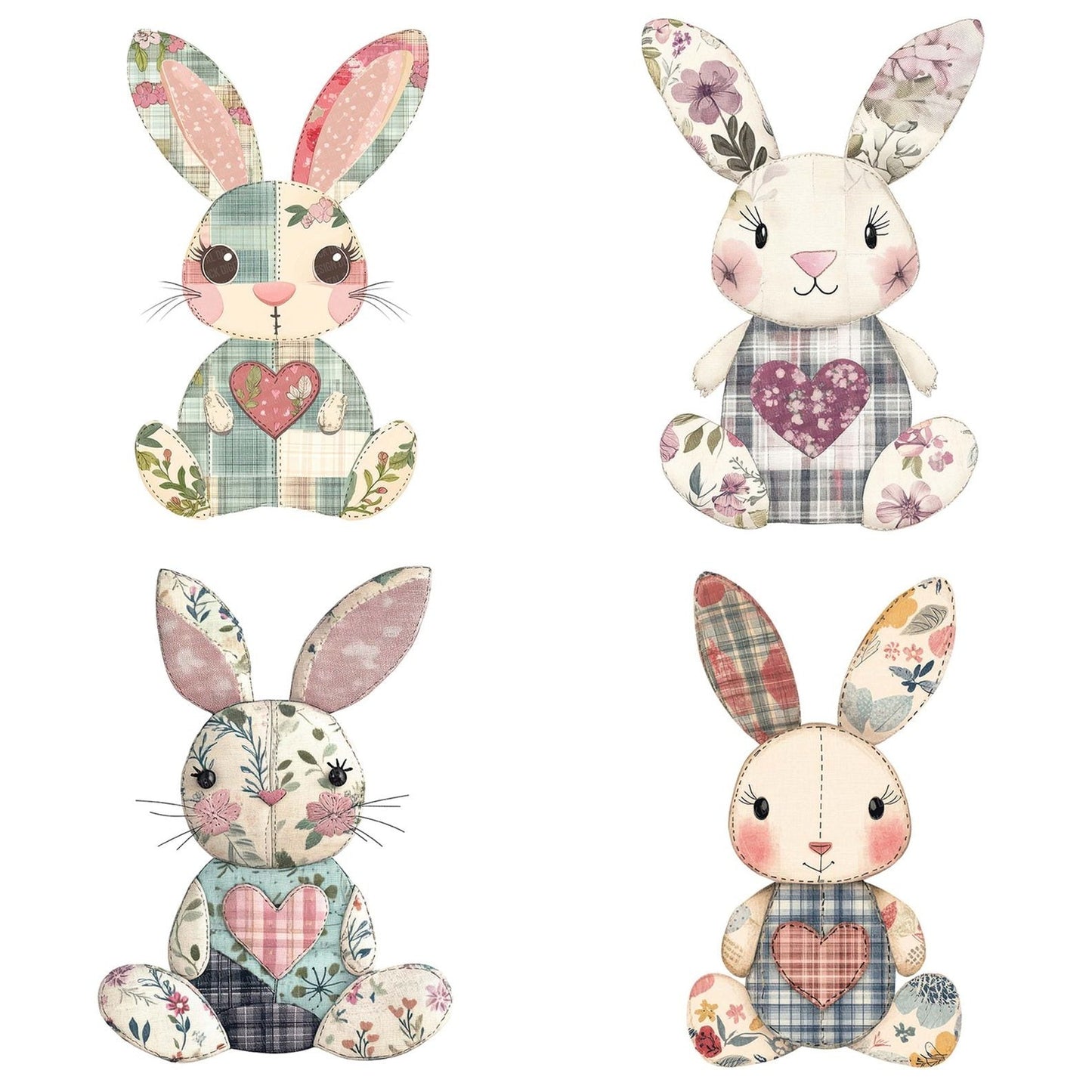 Fabric Stitched Heart Patch Bunny Clipart Set (DDD005277)