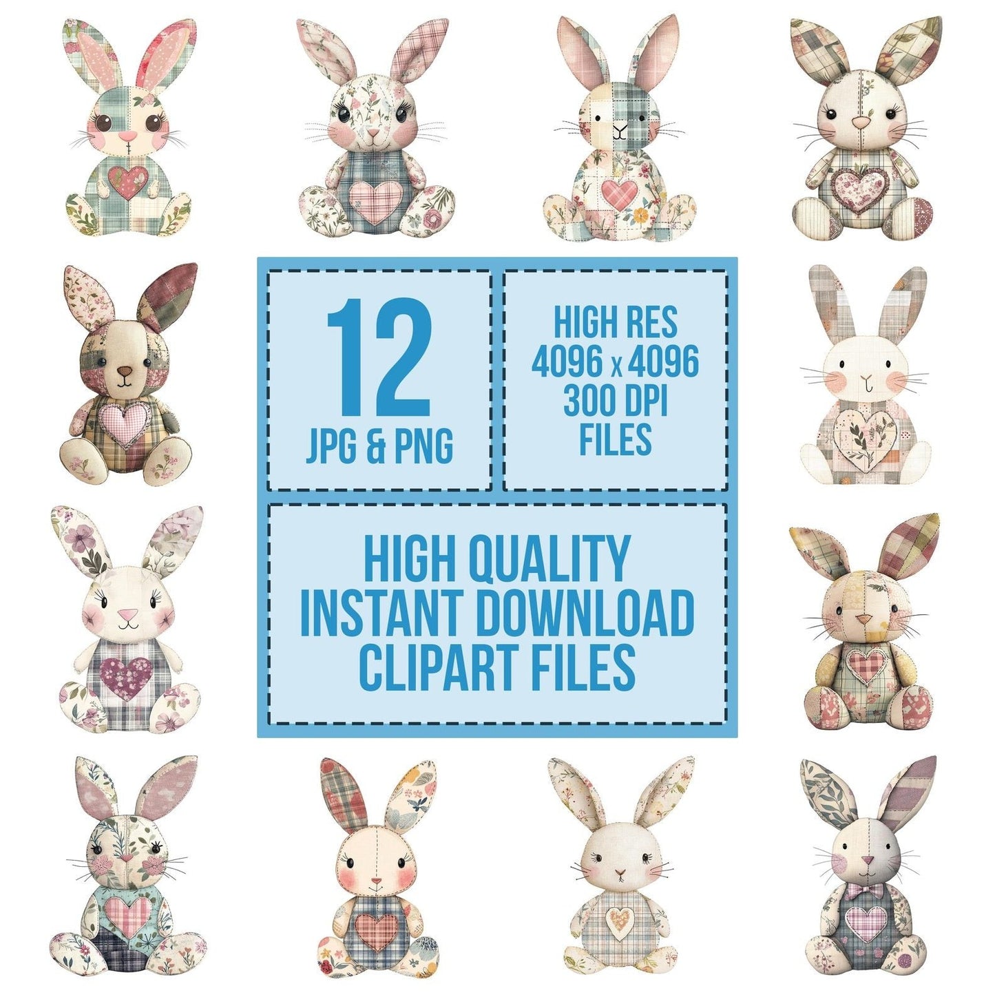 Fabric Stitched Heart Patch Bunny Clipart Set (DDD005277)