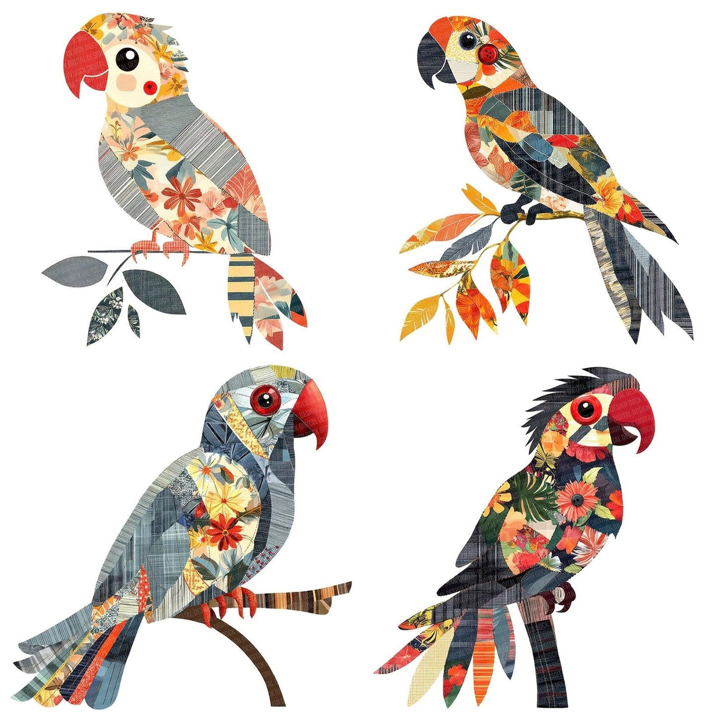 Fabric Tropical Button Parrot Clipart Set (DDD005287)