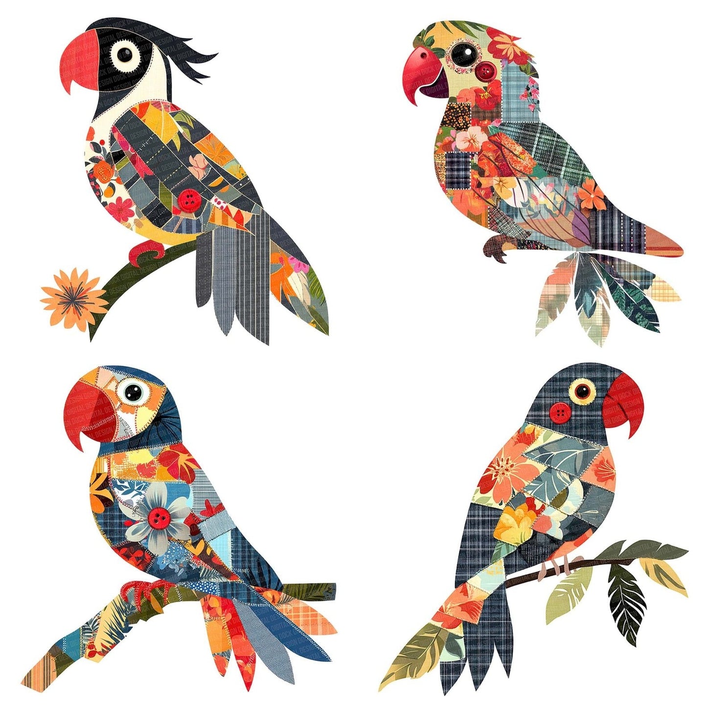 Fabric Tropical Button Parrot Clipart Set (DDD005287)