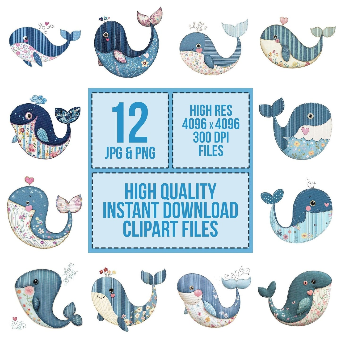 Fabric Whale Patch Clipart Set (DDD005293)