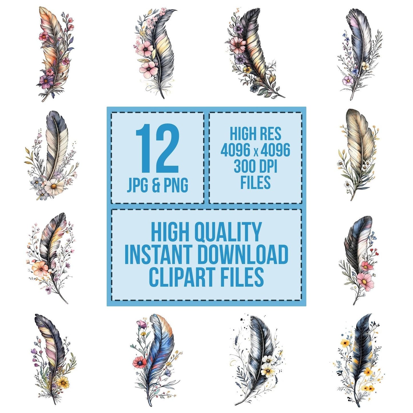 Feather with Floral Vine Clipart Set (DDD005318)