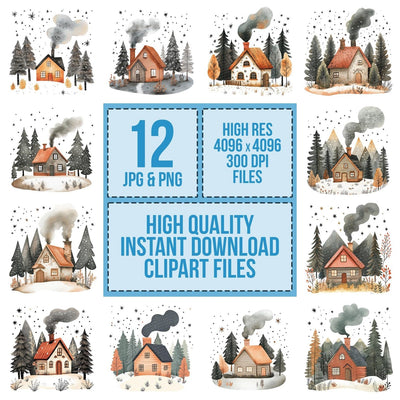Flat Cabin and Pines clipart set cover showing the designs and file details