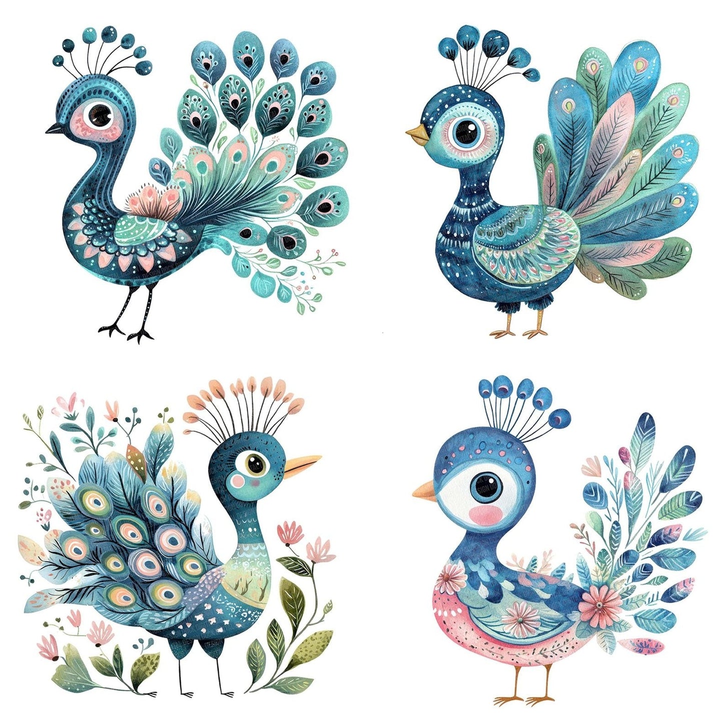 Flat Folk Art Baby Peacock Clipart Set (DDD005334)