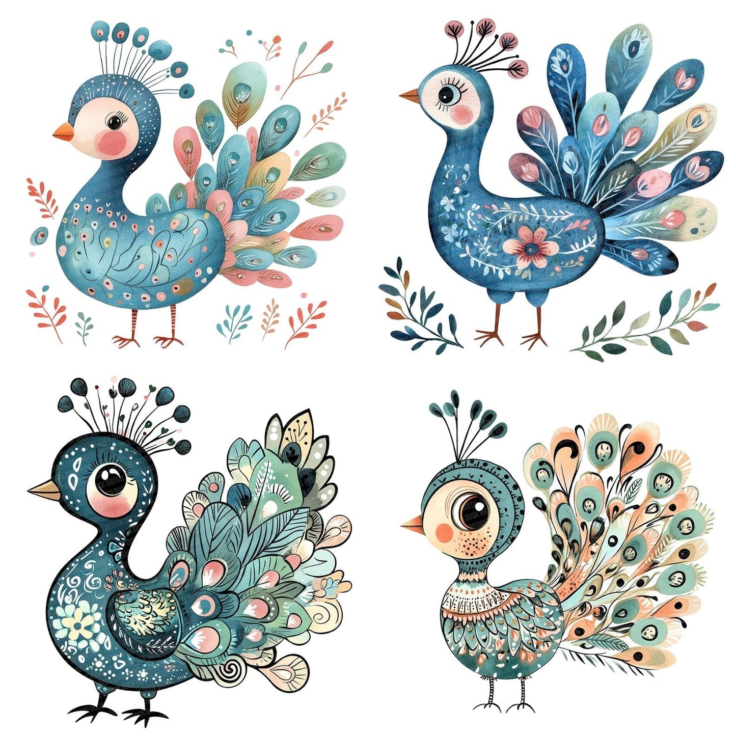 Flat Folk Art Baby Peacock Clipart Set (DDD005334)