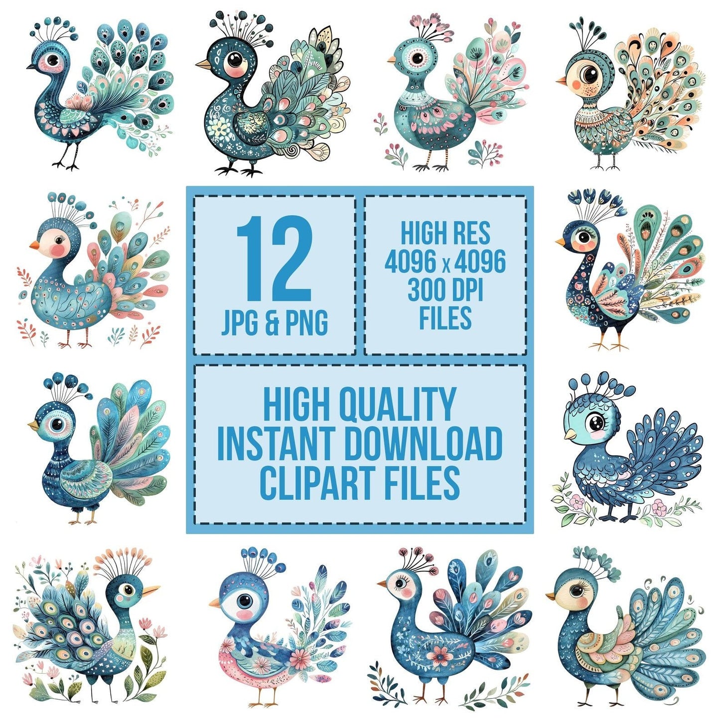 Flat Folk Art Baby Peacock Clipart Set (DDD005334)