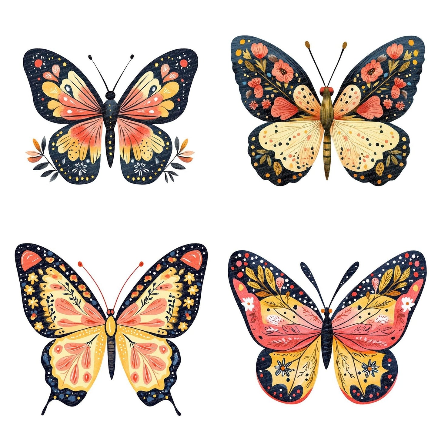 Flat Folk Art Butterfly Floral Clipart Set (DDD005335)
