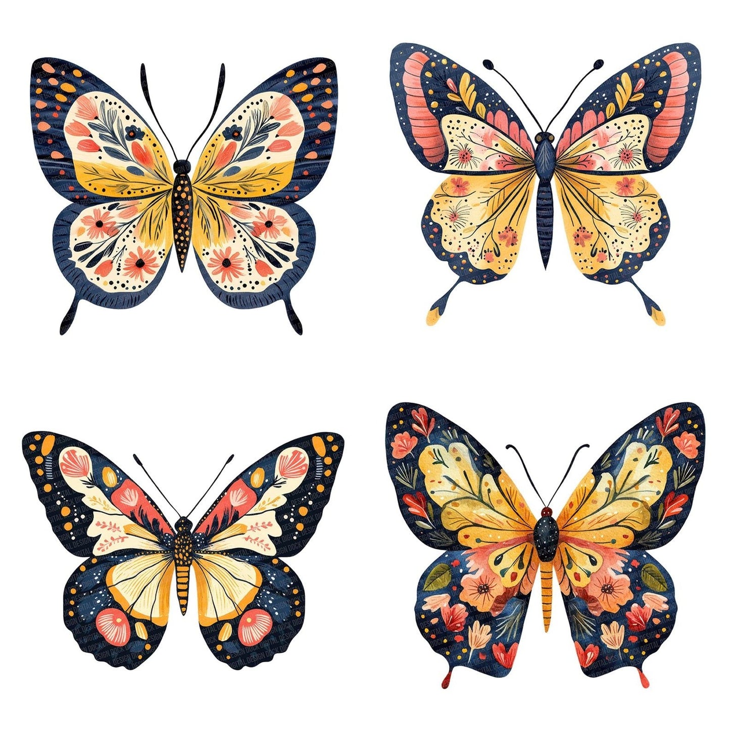 Flat Folk Art Butterfly Floral Clipart Set (DDD005335)