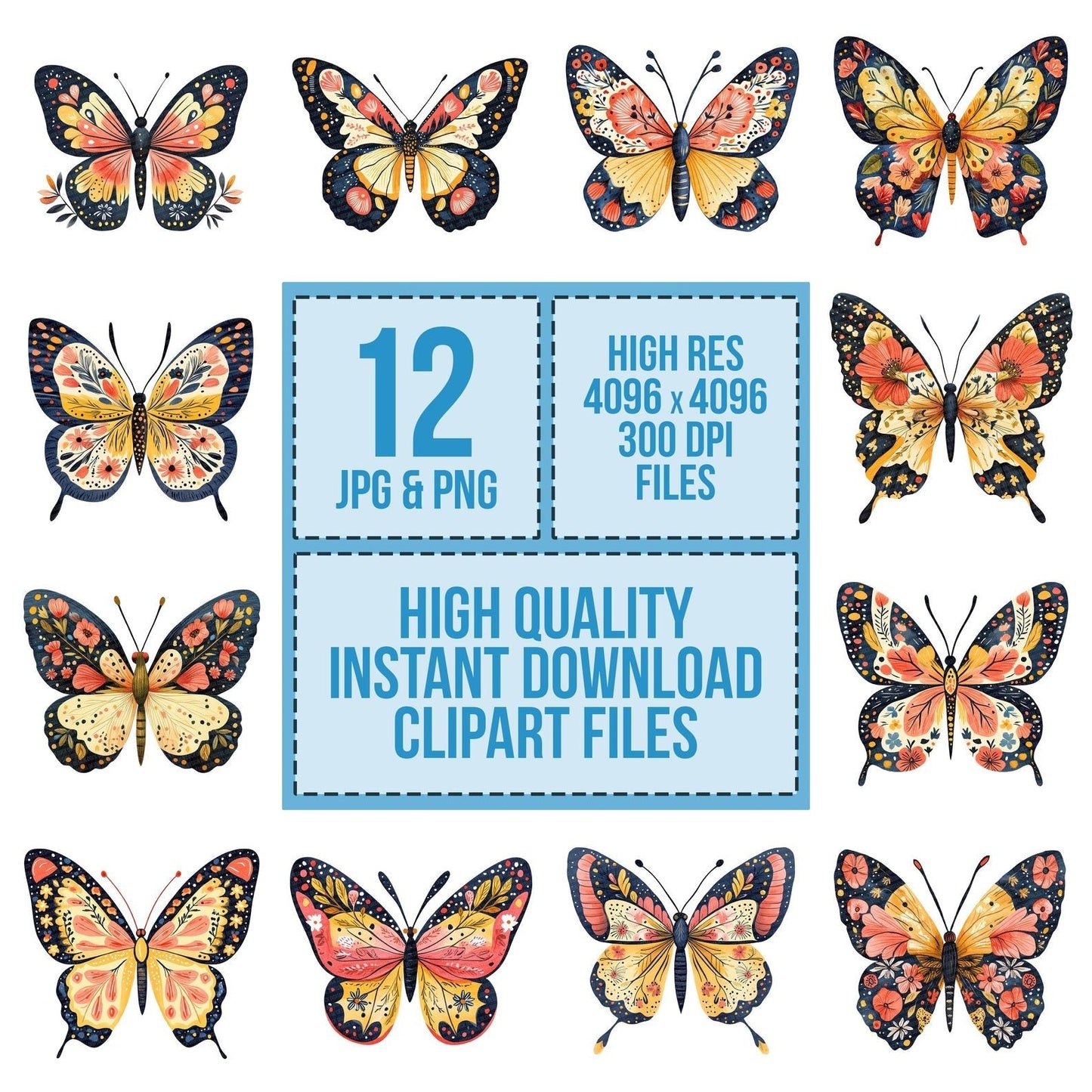 Flat Folk Art Butterfly Floral Clipart Set (DDD005335)