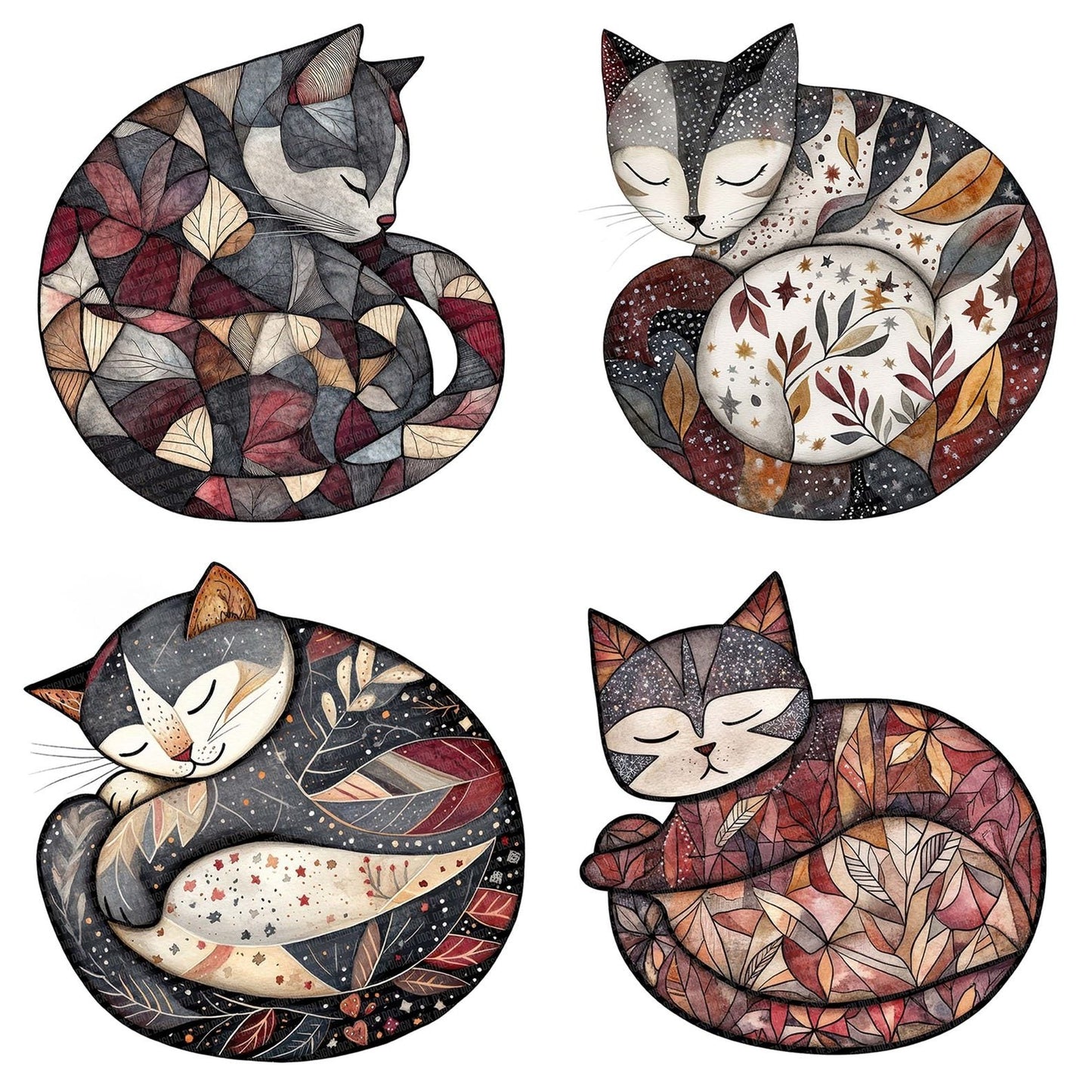Flat Folk Art Cat Sleep Clipart Set (DDD005337)
