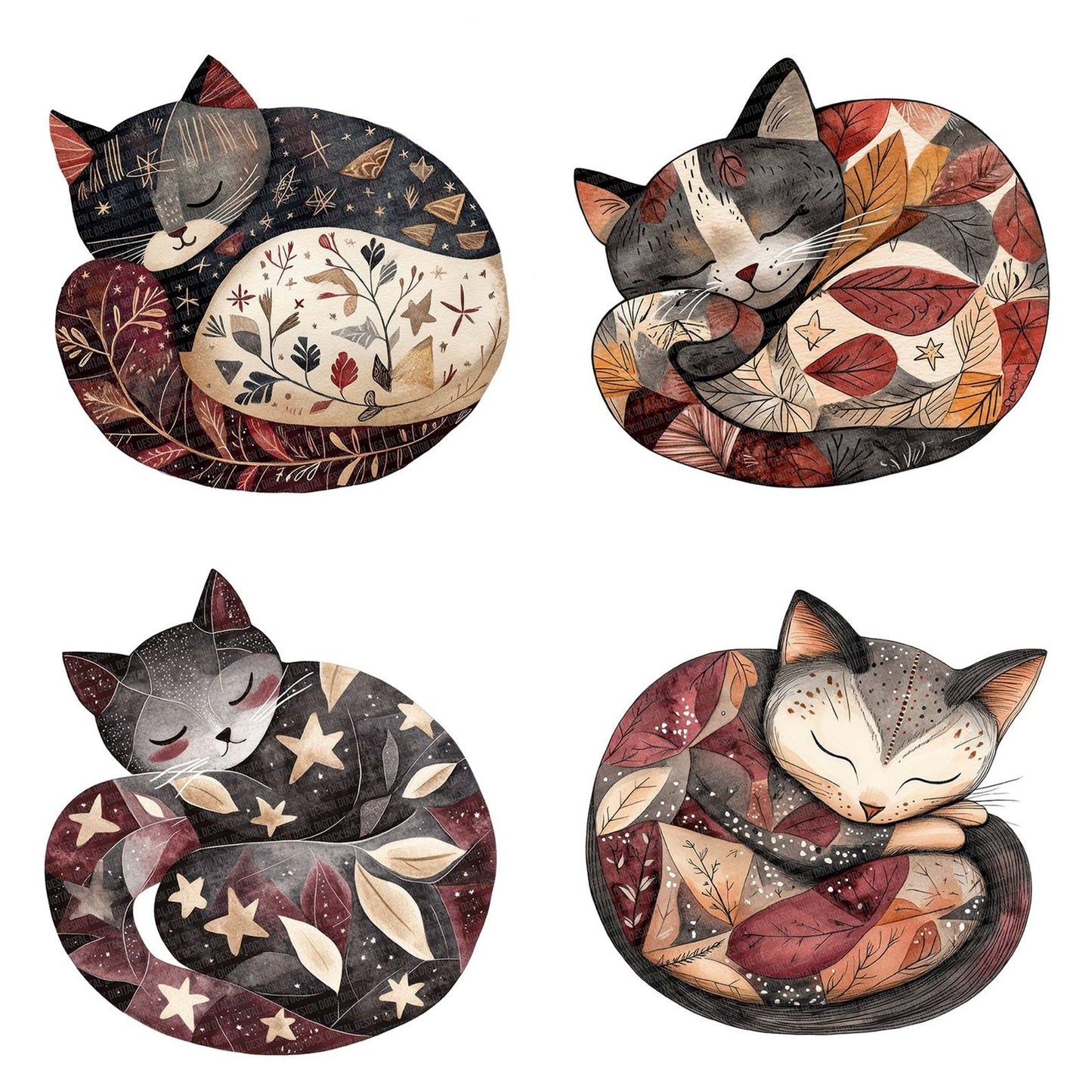Flat Folk Art Cat Sleep Clipart Set (DDD005337)