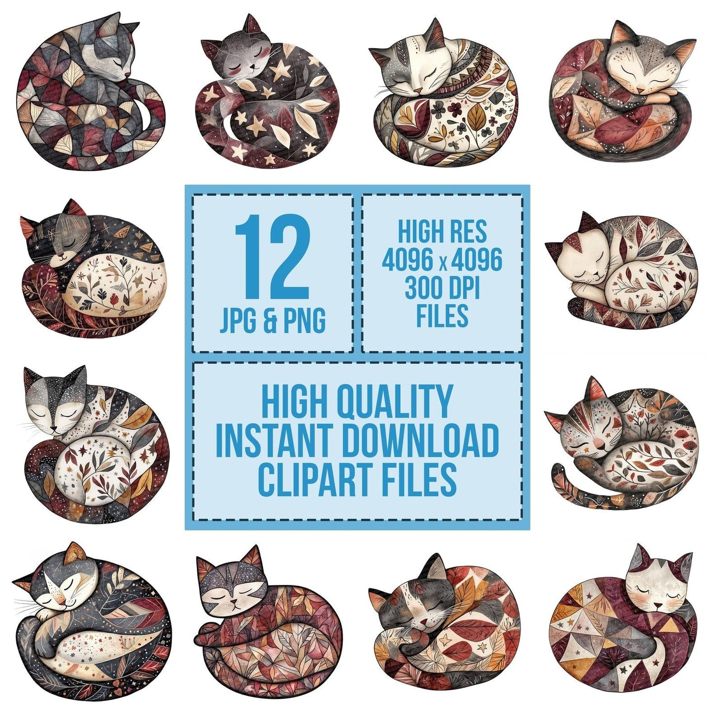 Flat Folk Art Cat Sleep Clipart Set (DDD005337)