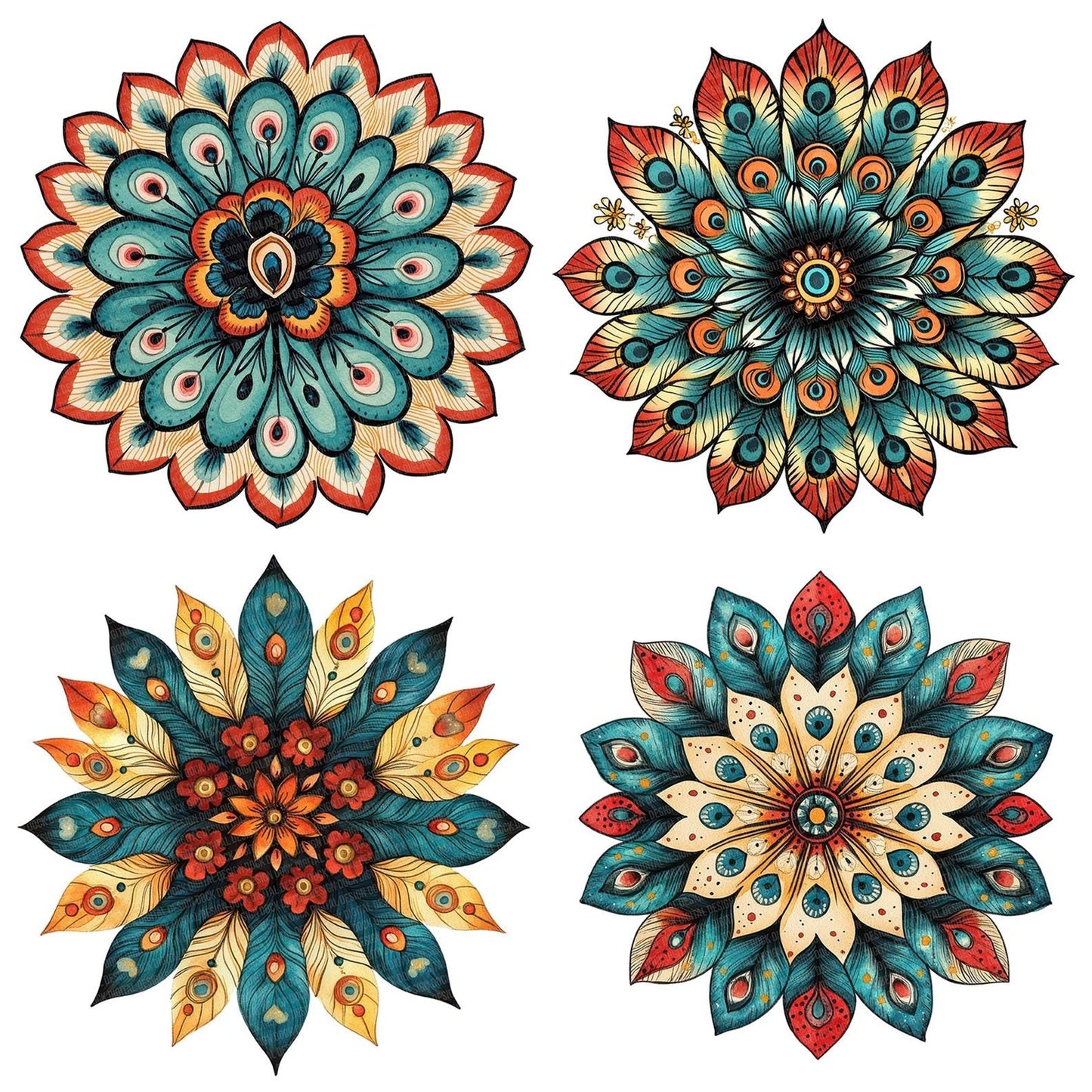 Flat Folk Art Feather Mandala Clipart Set (DDD005339)