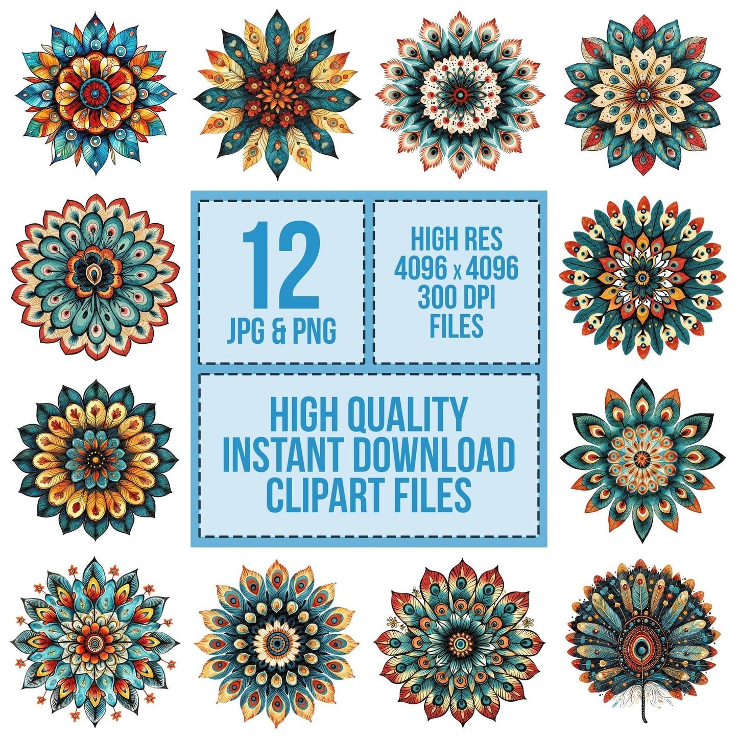 Flat Folk Art Feather Mandala Clipart Set (DDD005339)
