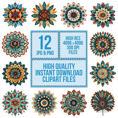 Flat Folk Art Feather Mandala clipart set cover showing the designs and file details