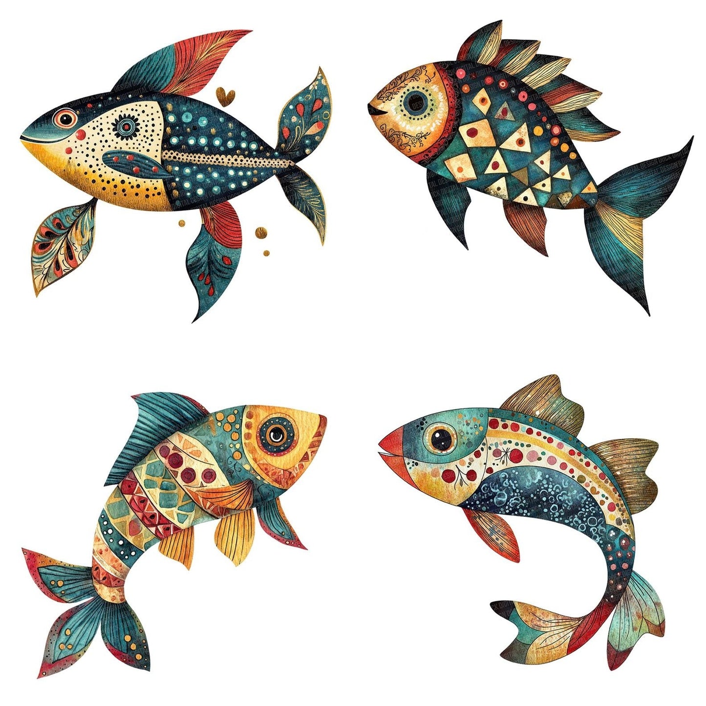 Flat Folk Art Fish Patterned Clipart Set (DDD005340)
