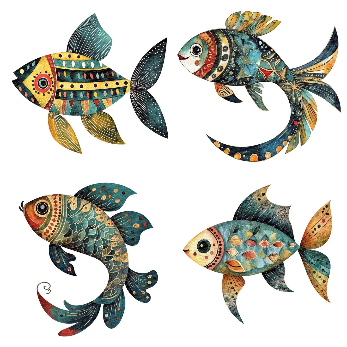 Flat Folk Art Fish Patterned Clipart Set (DDD005340)
