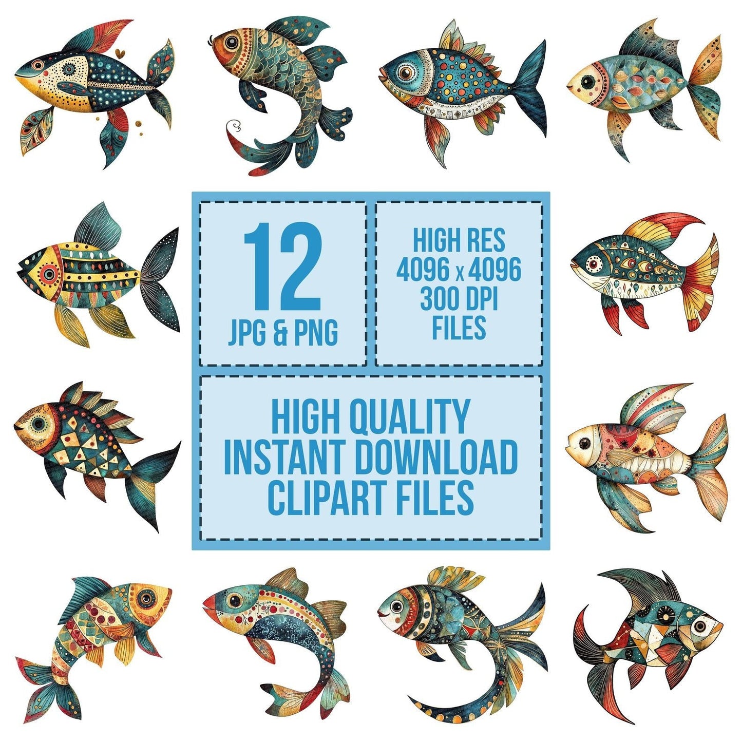 Flat Folk Art Fish Patterned Clipart Set (DDD005340)