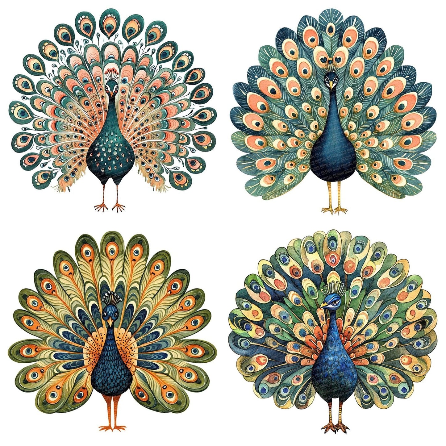 Flat Folk Art Front Peacock Clipart Set (DDD005341)