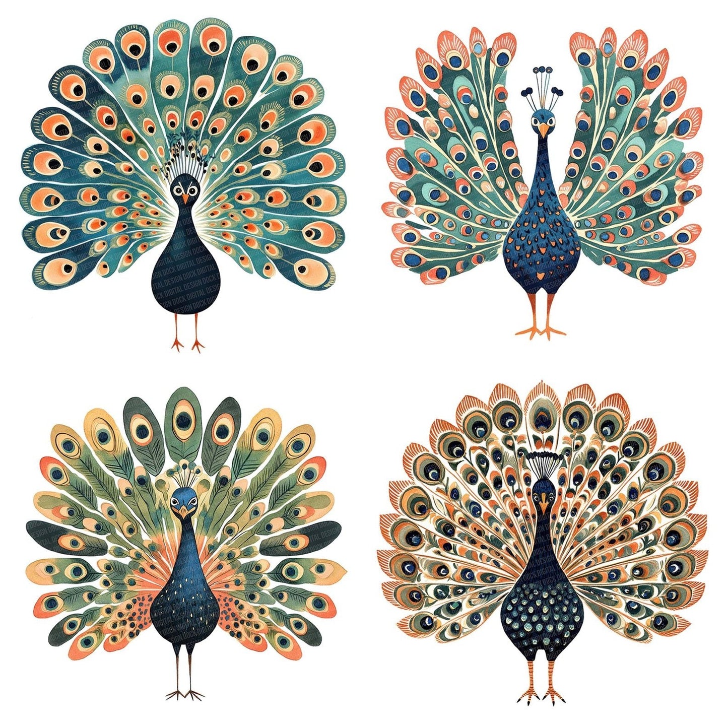 Flat Folk Art Front Peacock Clipart Set (DDD005341)