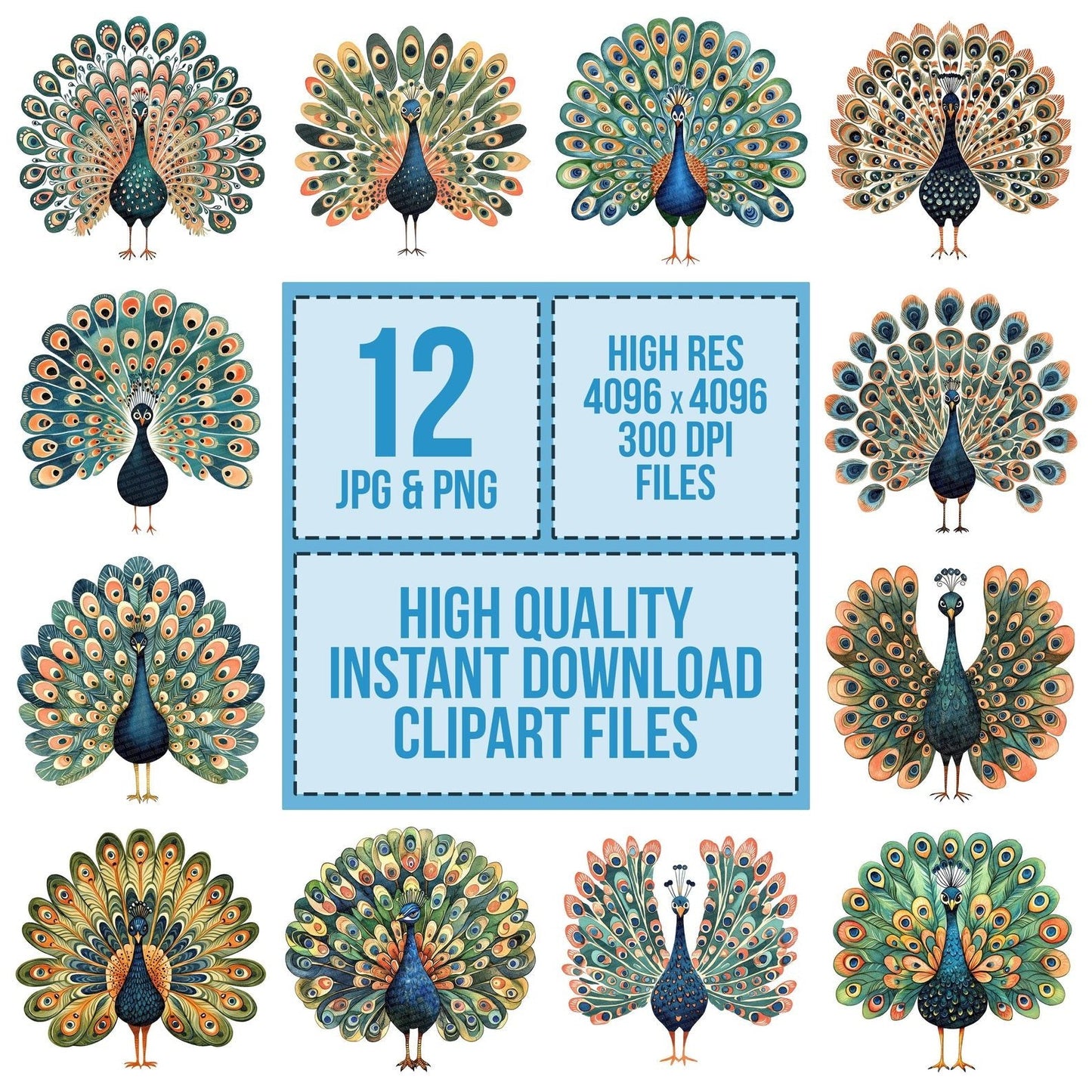 Flat Folk Art Front Peacock Clipart Set (DDD005341)