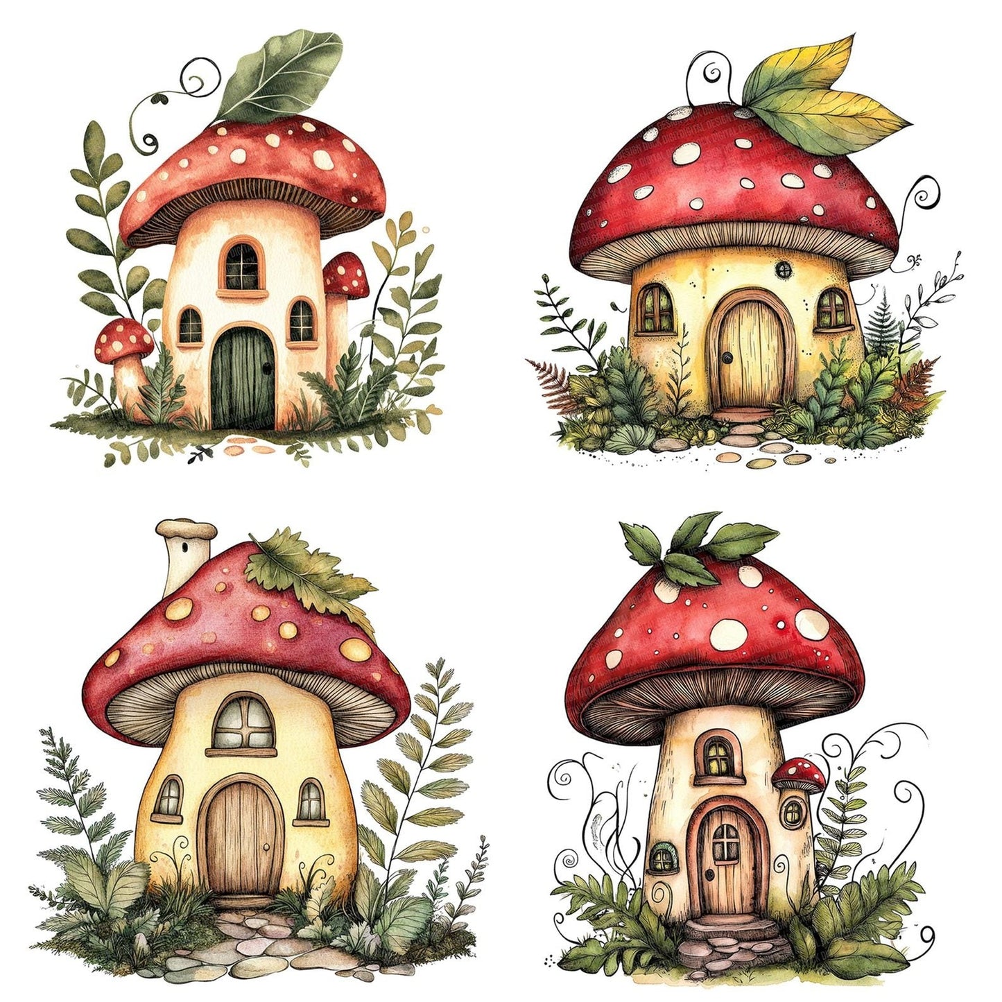 Flat Folk Art Mushroom House Clipart Set (DDD005346)