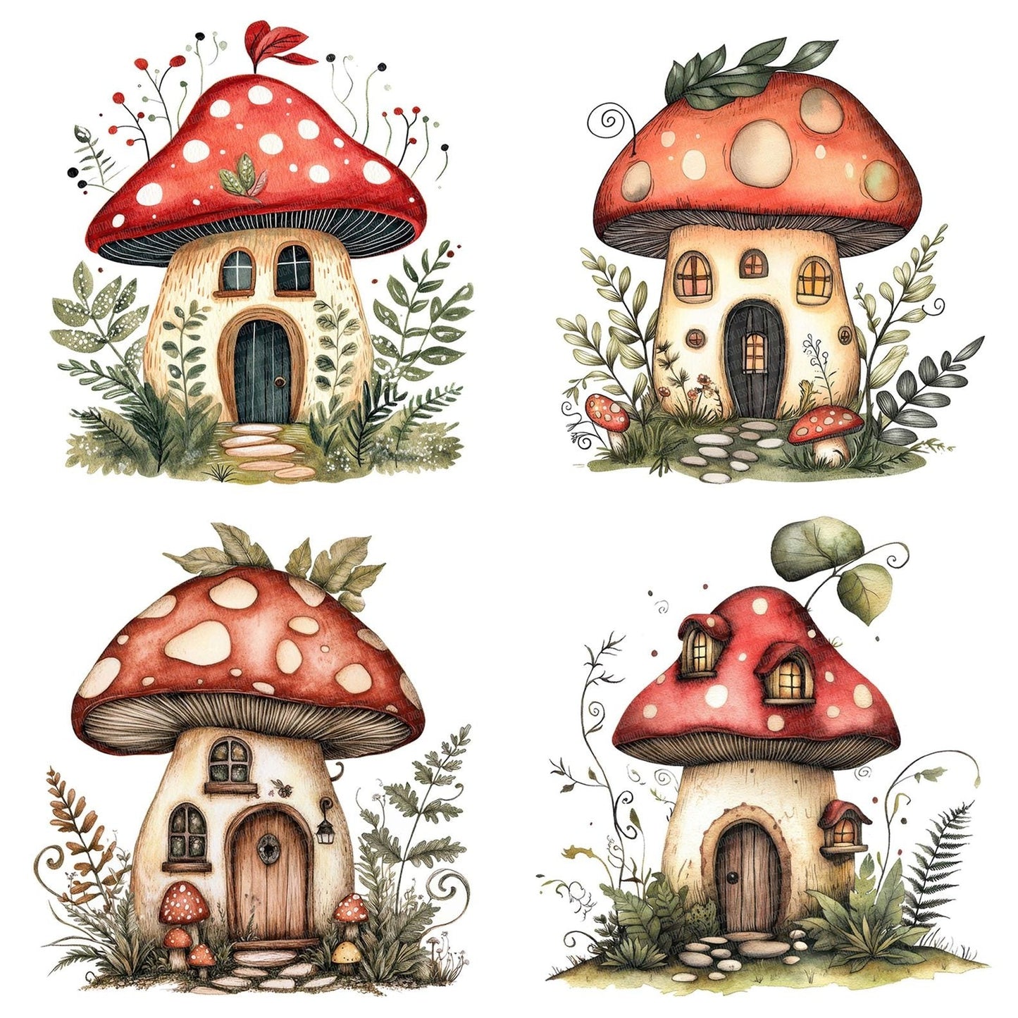Flat Folk Art Mushroom House Clipart Set (DDD005346)