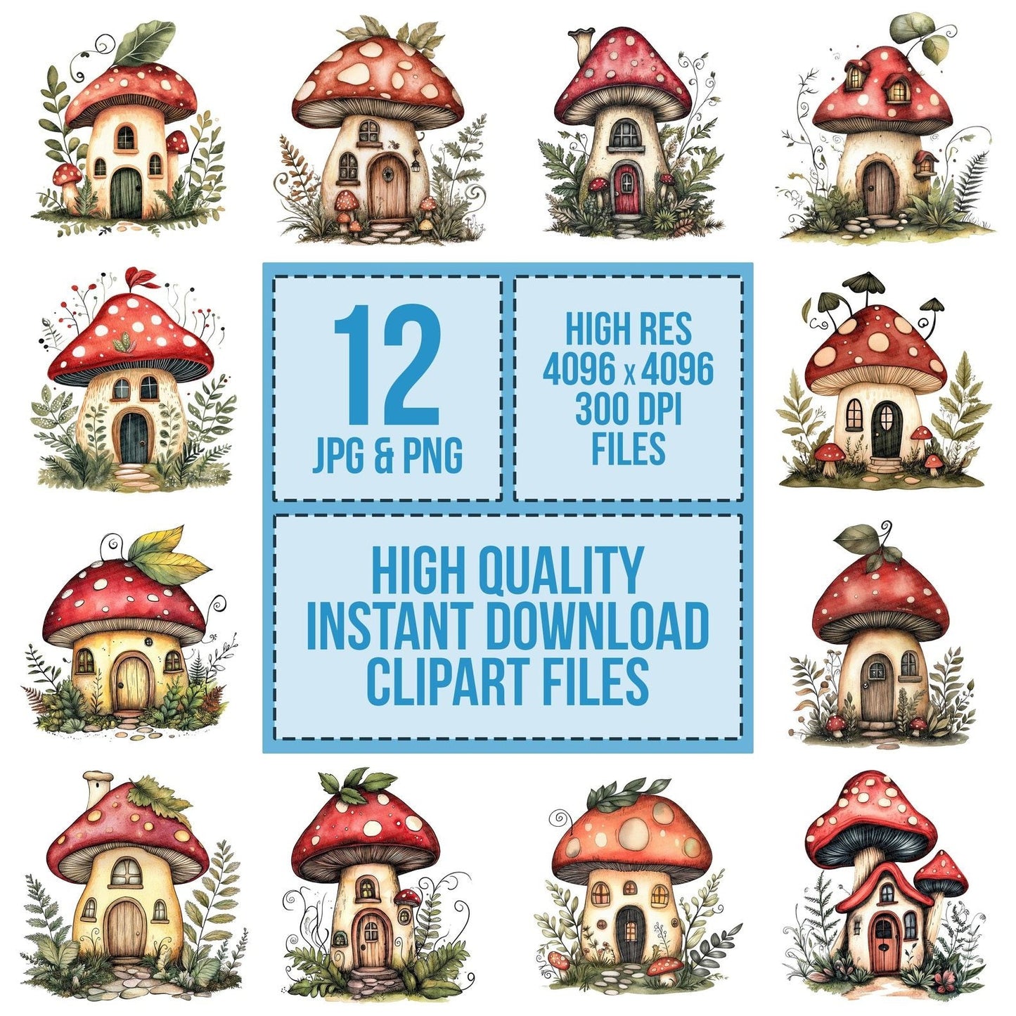 Flat Folk Art Mushroom House Clipart Set (DDD005346)
