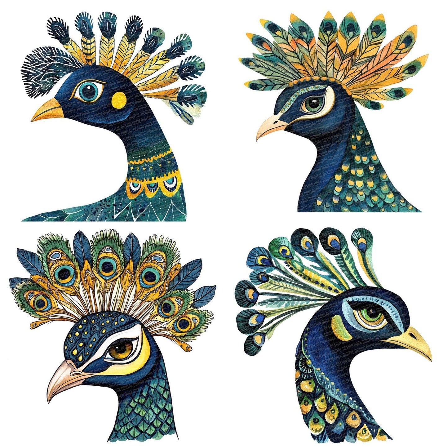 Flat Folk Art Peacock Head Clipart Set (DDD005348)