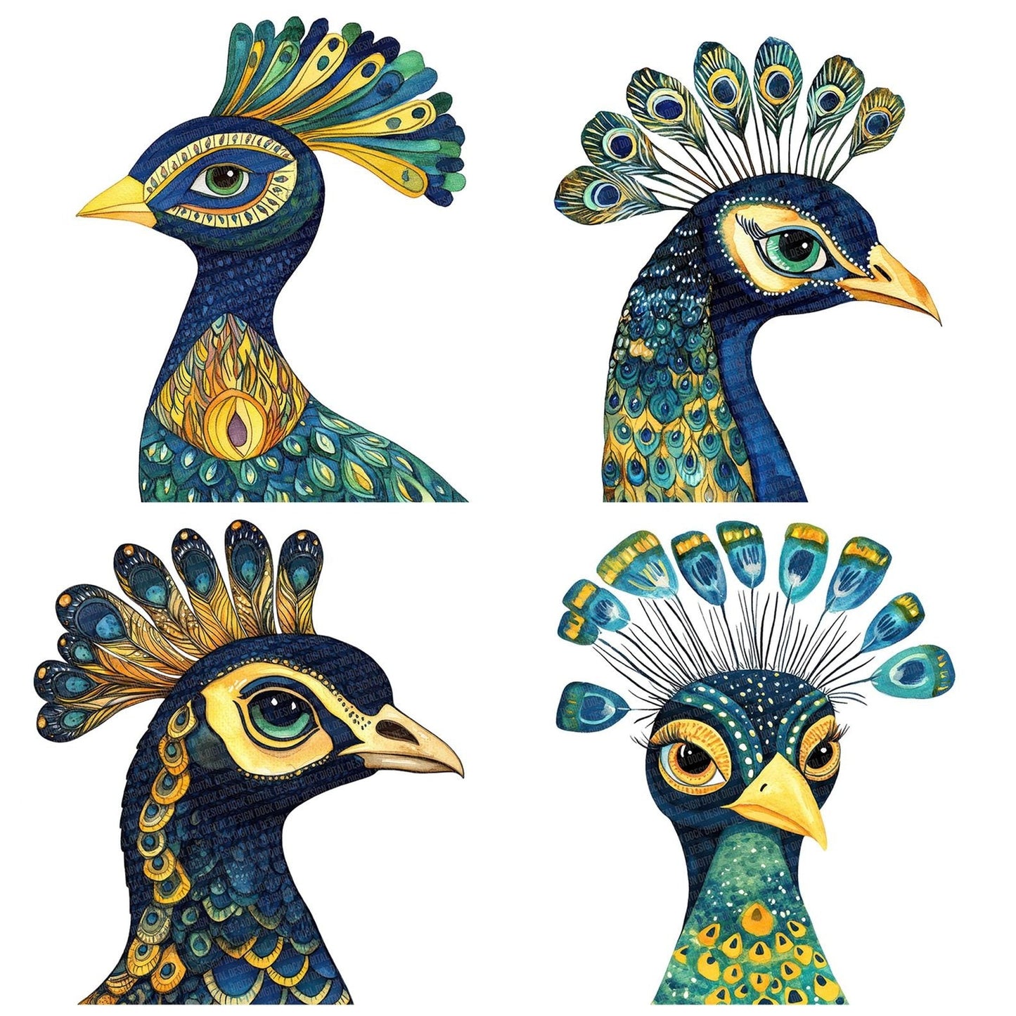 Flat Folk Art Peacock Head Clipart Set (DDD005348)