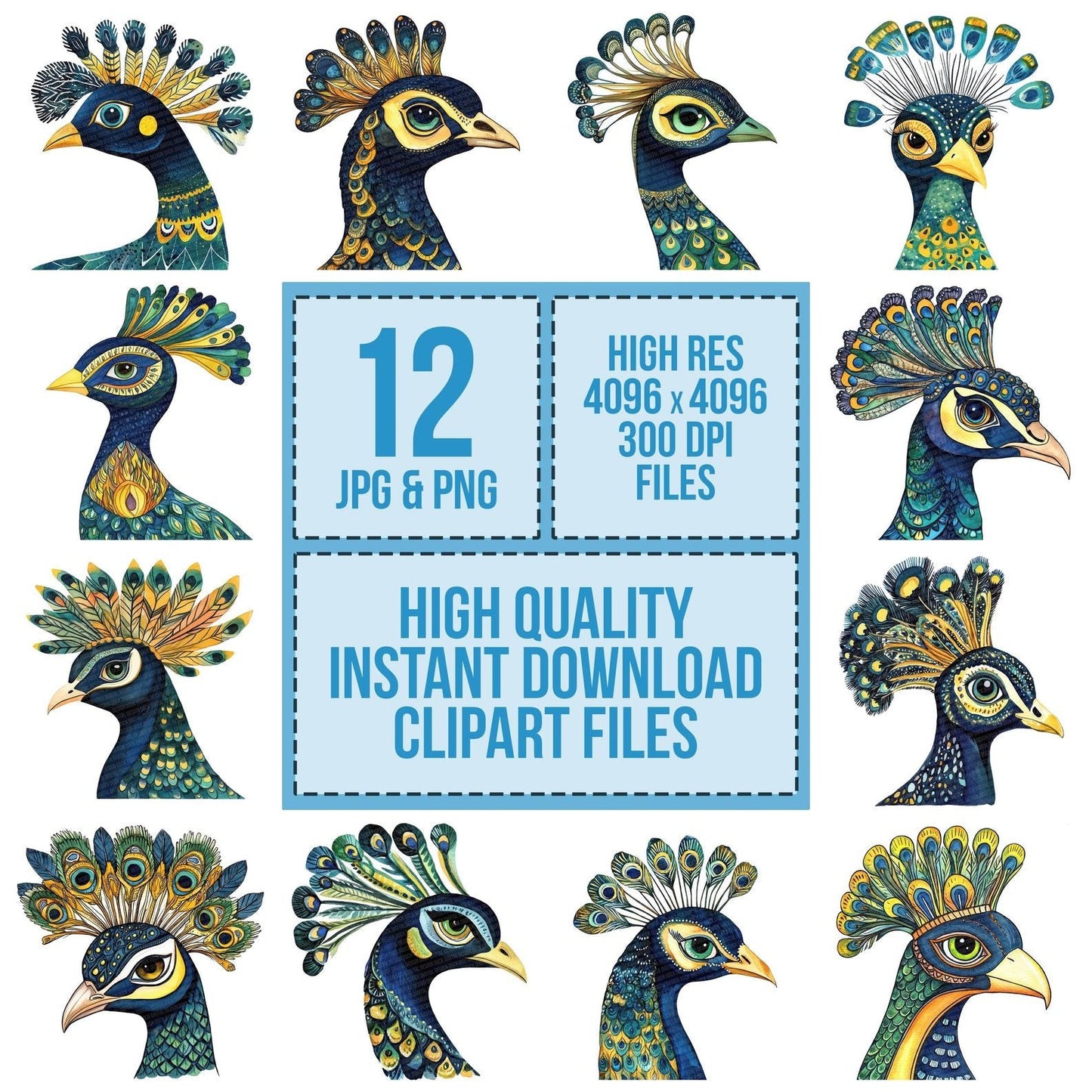 Flat Folk Art Peacock Head Clipart Set (DDD005348)
