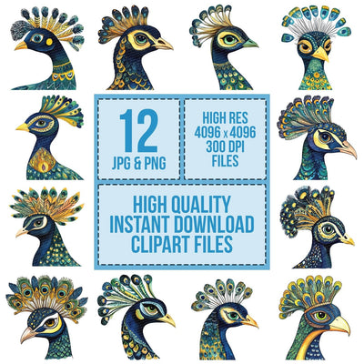 Flat Folk Art Peacock Head clipart set cover showing the designs and file details