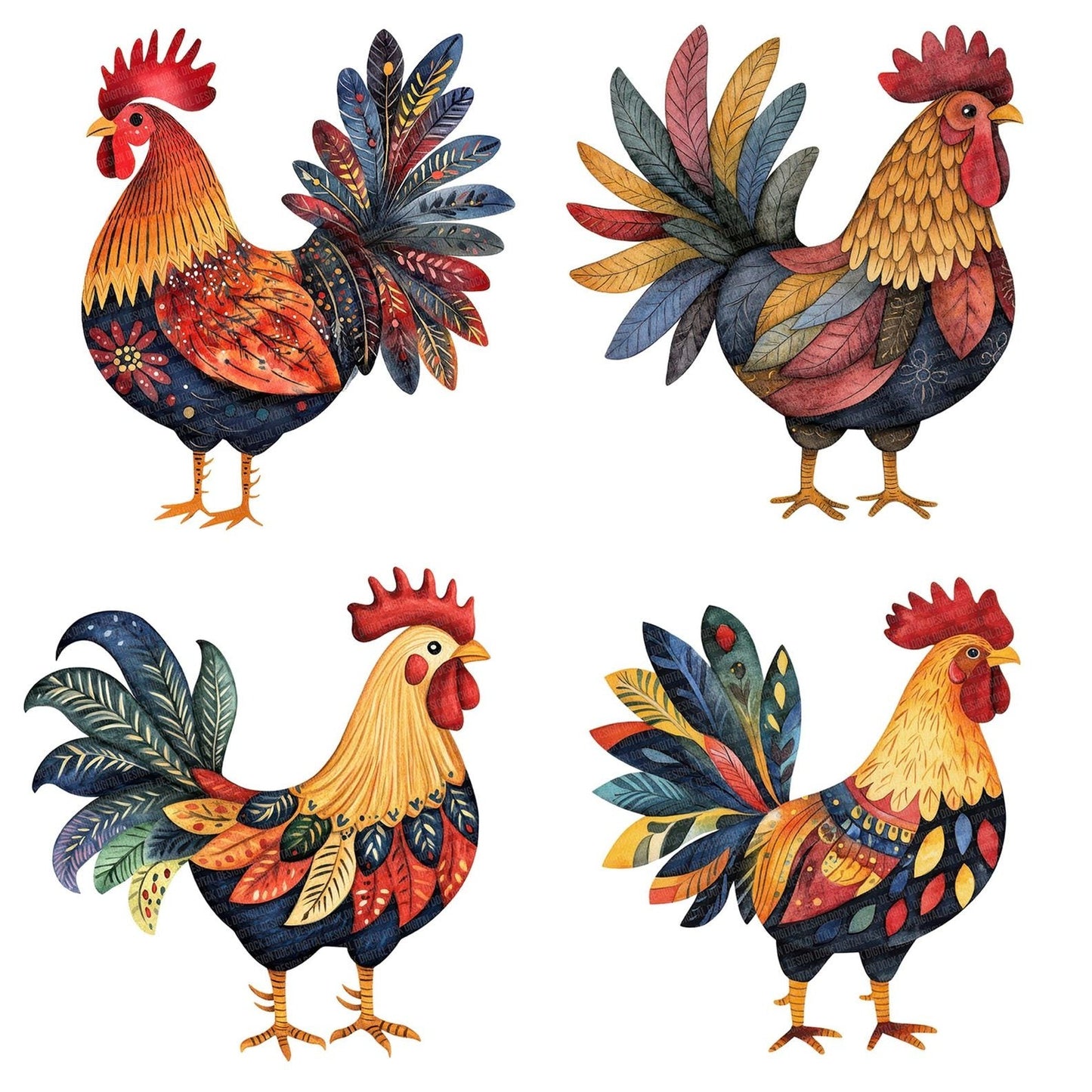 Flat Folk Art Rooster Clipart Set (DDD005350)