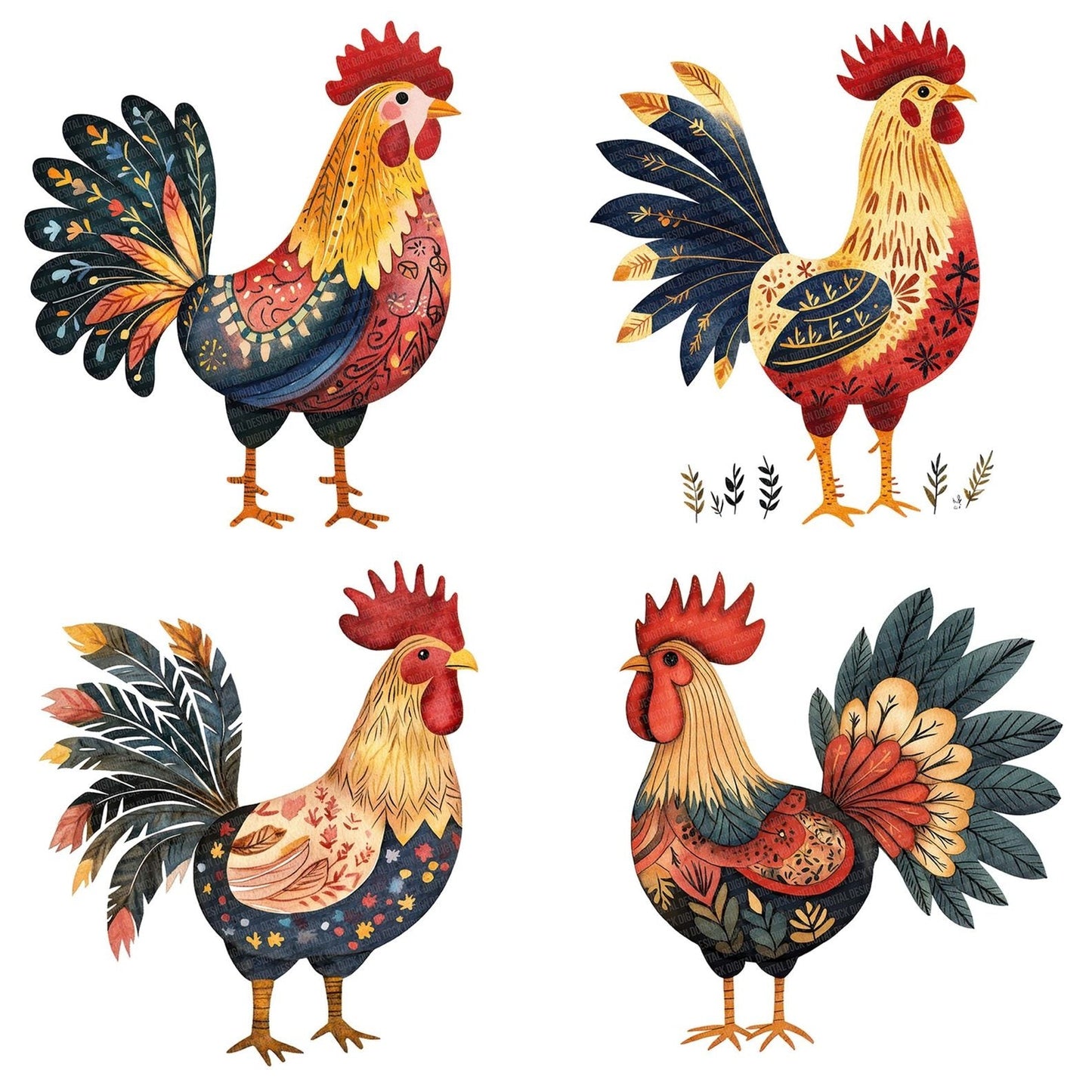 Flat Folk Art Rooster Clipart Set (DDD005350)