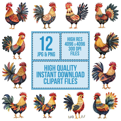 Flat Folk Art Rooster Clipart Set (DDD005350)