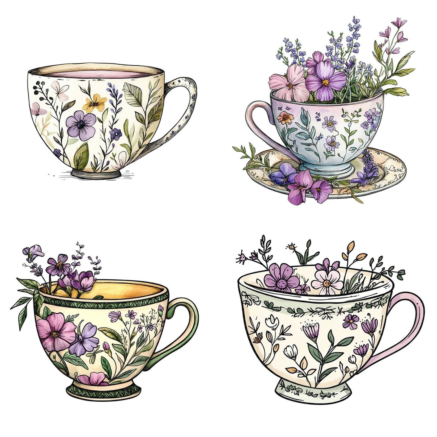 Flat Folk Art Teacup Clipart Set (DDD005352)