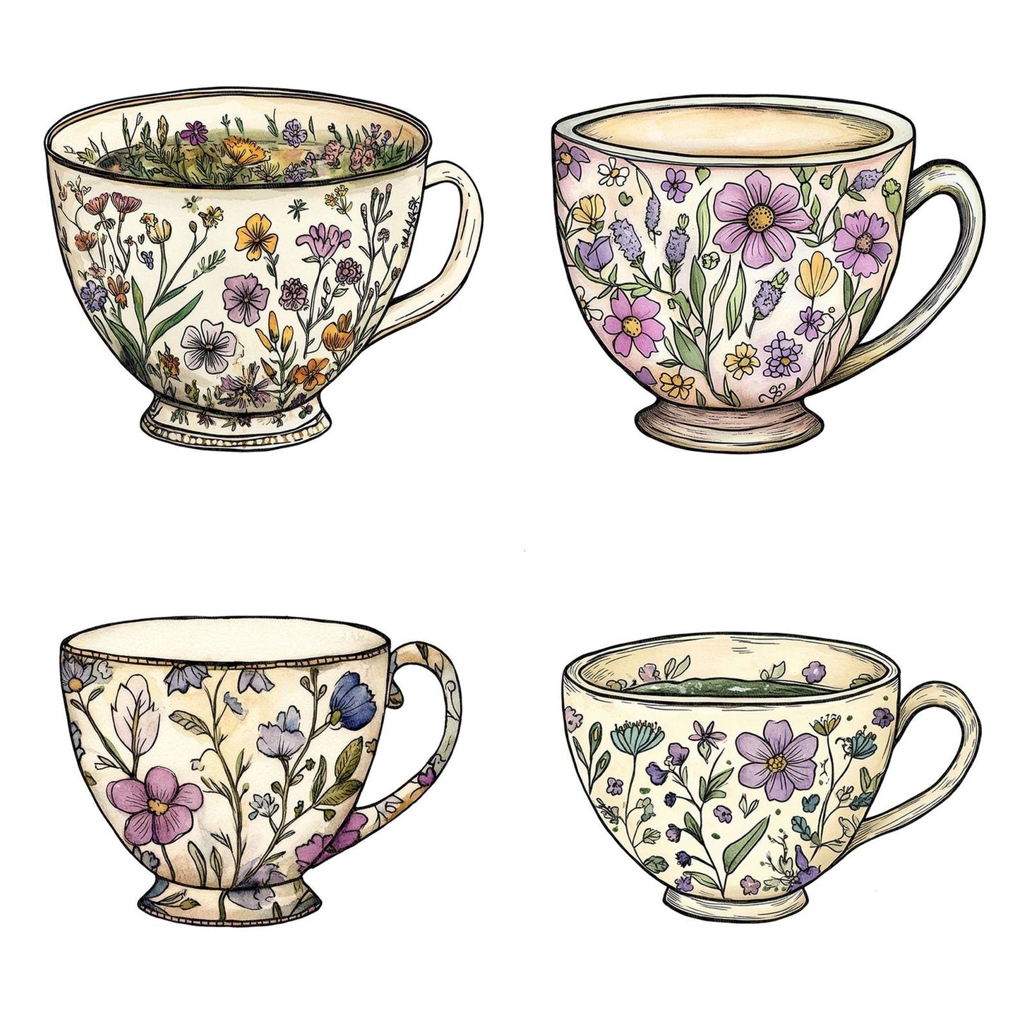 Flat Folk Art Teacup Clipart Set (DDD005352)