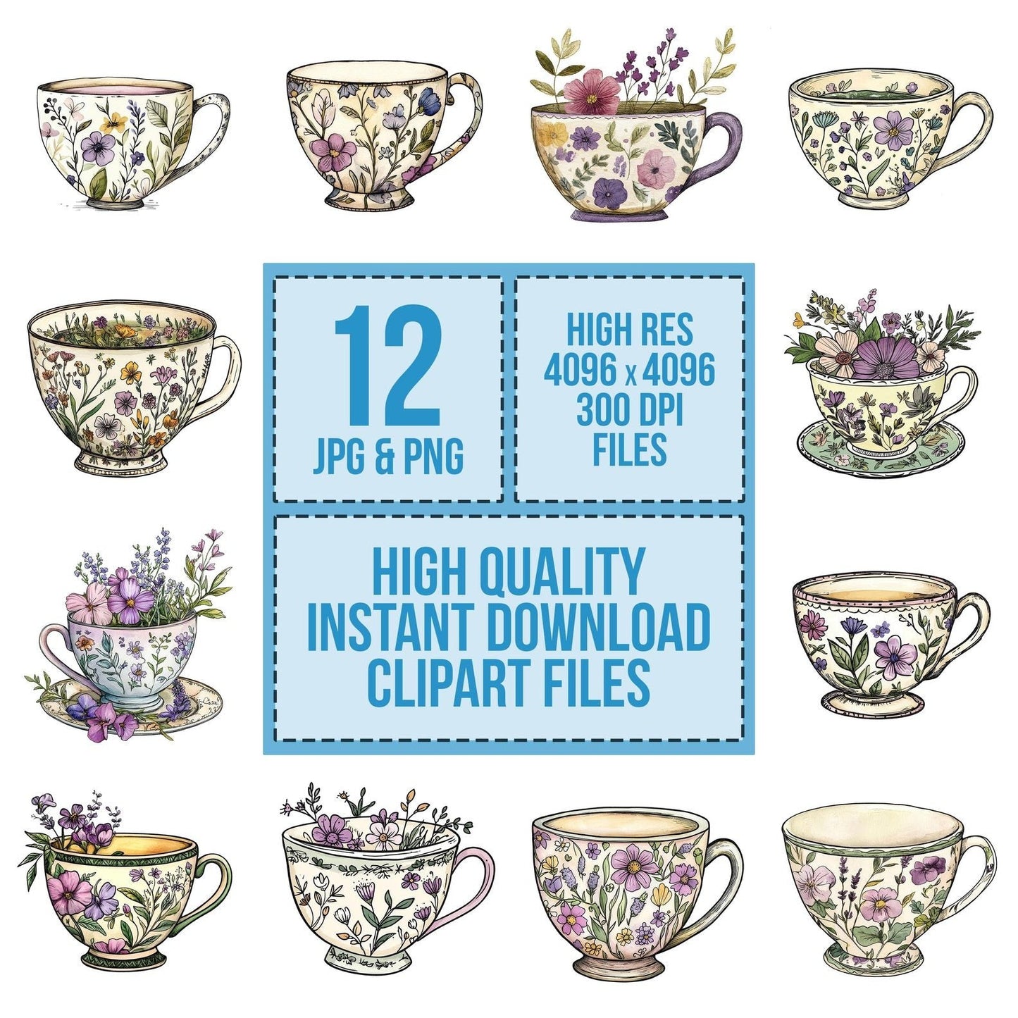 Flat Folk Art Teacup Clipart Set (DDD005352)