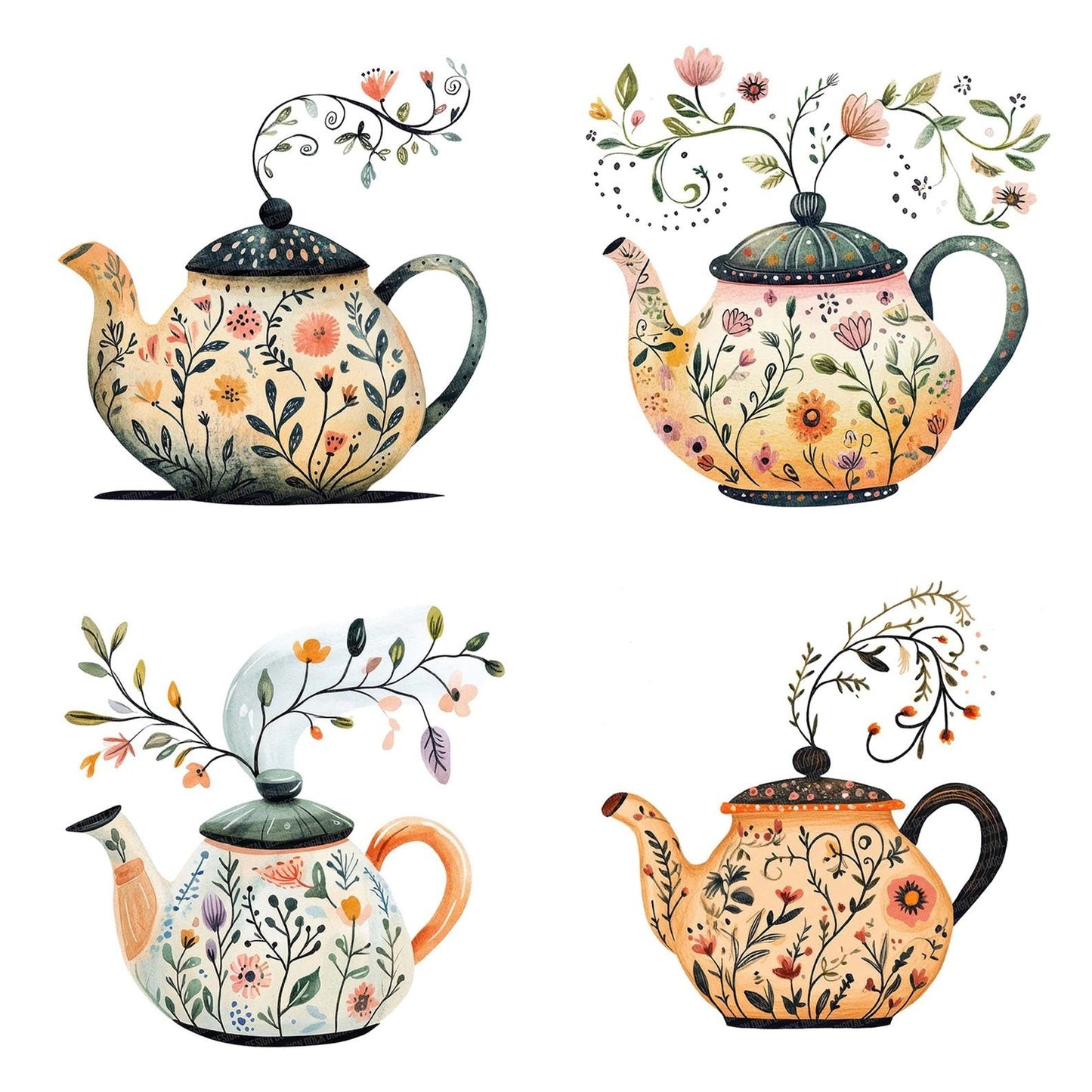 Flat Folk Art Teapot Vines Clipart Set (DDD005353)