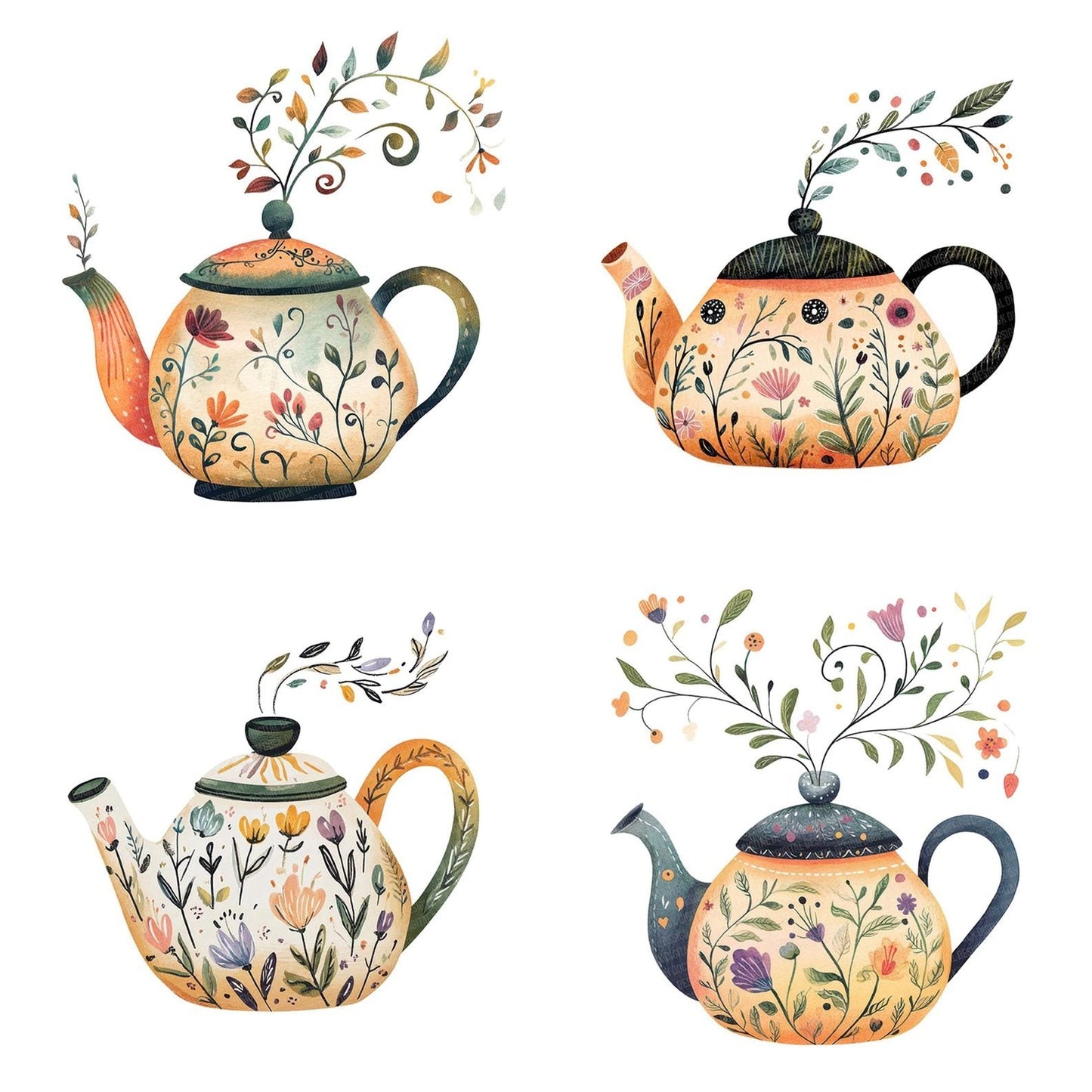Flat Folk Art Teapot Vines Clipart Set (DDD005353)