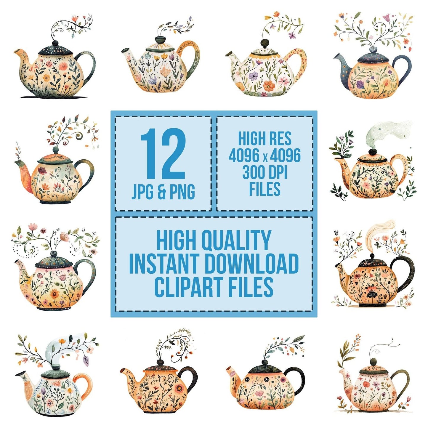 Flat Folk Art Teapot Vines Clipart Set (DDD005353)
